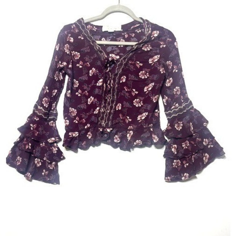 Vintage Havana Floral Ruffle Bell Sleeve Crop Blouse Purple Boho Womens S